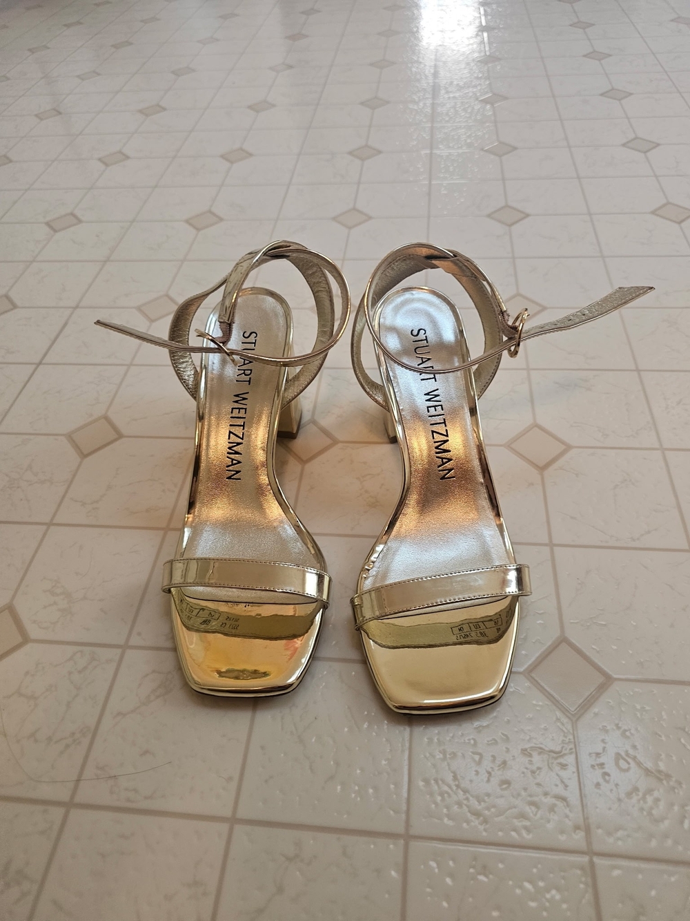 Stuart Weitzman Metallic Gold Square-Toe Ankle-Strap Heels